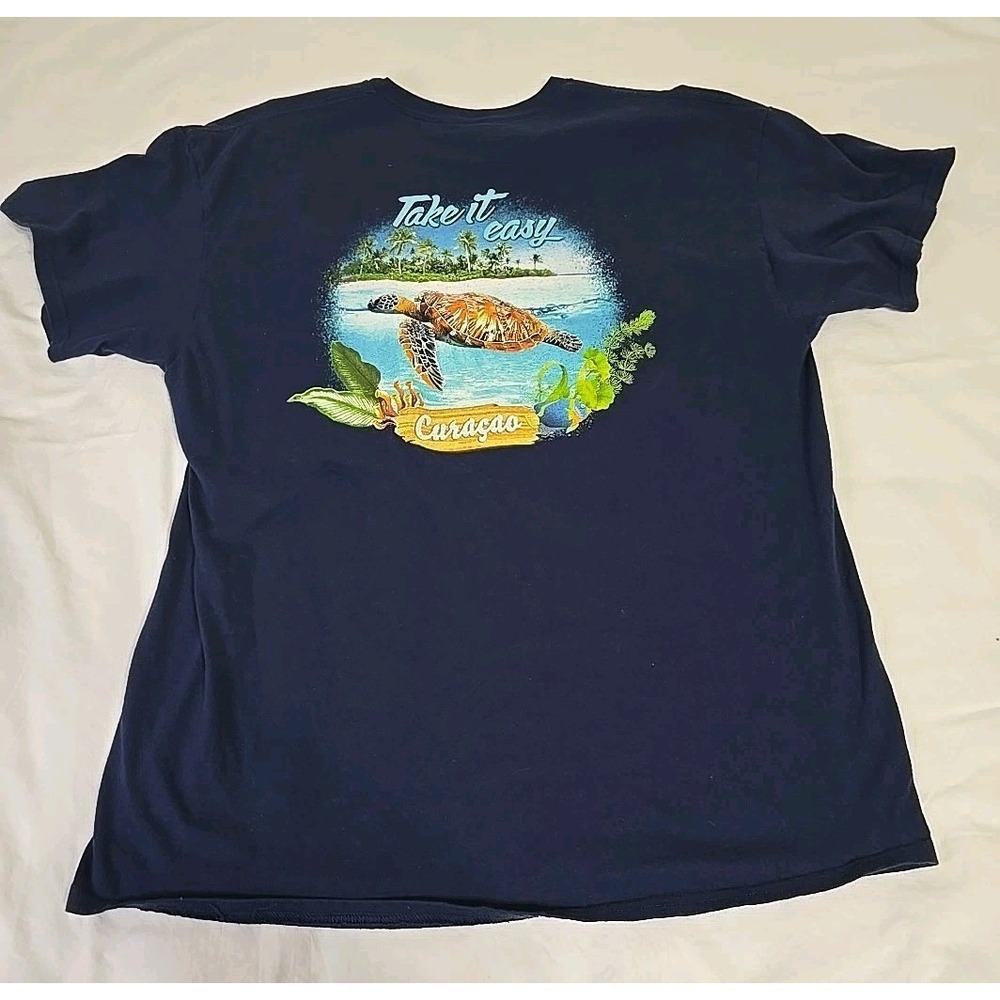 Adult's Large Curacao Navy Blue T-shirt Take It Easy Sea Turtle